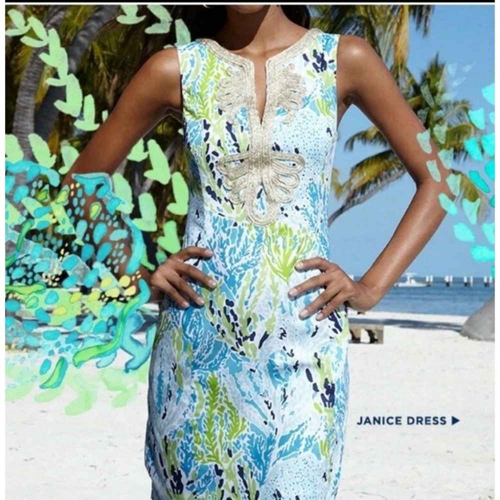 Lilly Pulitzer Dress Women's Size 2 Sleeveless Blue‎ Green Gold Embellished
